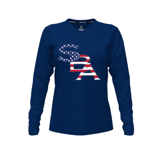 [CUS-DFW-TEES-CMF-VNK-LSL-NVY-FYXS-LOGO1] Comfort T-Shirt (Female Youth XS, Navy, V Neck, Logo 1, Long Sleeve)