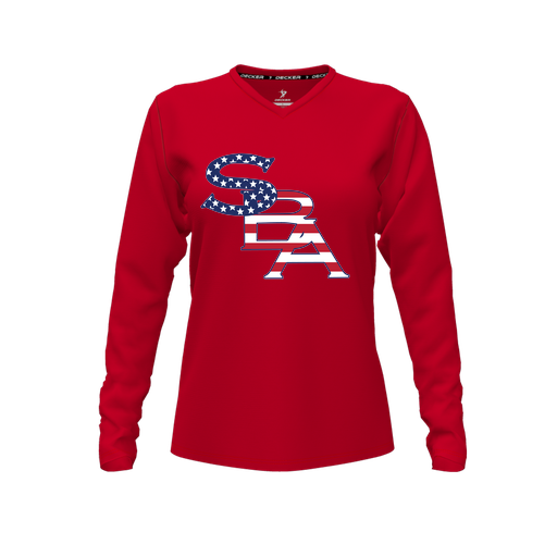 [FTLVPTRD-FYXS-LOGO1] Decker Performance T-Shirt (Female Youth XS, Red, V Neck, Logo 1, Long Sleeve)